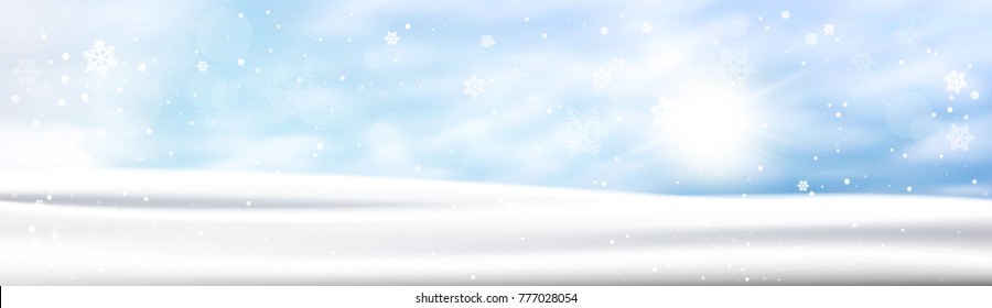 Winter Background Horizontal Banner Snow White Landscape Blue Sky Snowfall Flat Vector Illustration