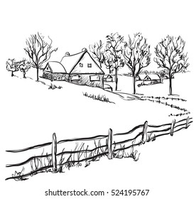 Winter background, house in the snow landscape. Sketching