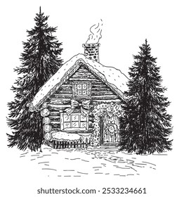 Winter background with house, snow and trees. Christmas village house, snowy village. Merry Christmas. Hand drawn illustration isolated on white background. Decorated village house in snow in winter.