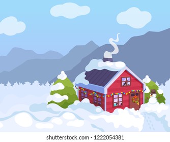 Winter background with house and snowman and lights daylight. Christmas house in the mountains. Winter day illustration. Christmas mountain landscape.