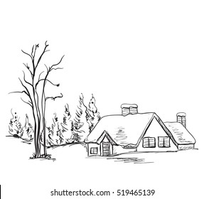 Winter background, house and tree in the landscape