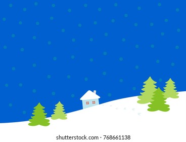 Winter background with a house, trees and snowflakes. Horizontal. Simple vector. Christmas and New year theme. Cover mock-up. Holiday card.  