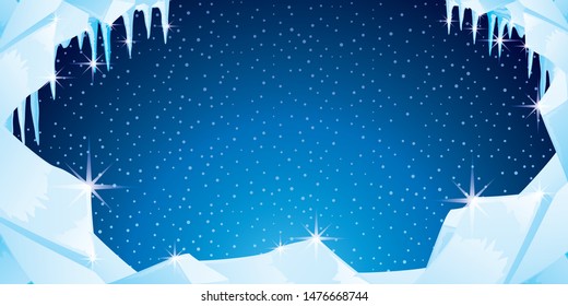 Winter background with ice and icicles on a blue background.