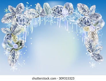 Winter background with icicles, snowflakes and leaves