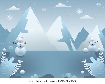 Winter background illustration. Winter landscape background. Blue winter countryside landscape with mountains and snow. Snowman, Snowflakes, Winter - illustration