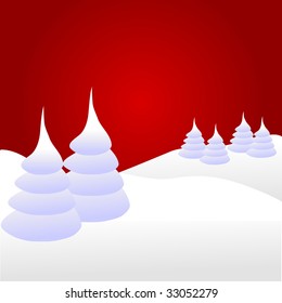 A winter background illustration with large snow covered christmas tree on snowy hills with large snowflakes with room for text