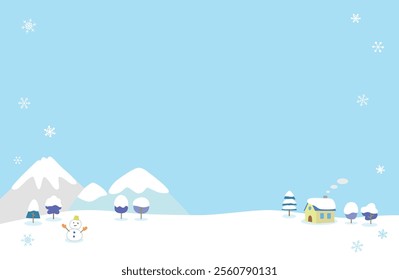 winter background illustration of mountain and small house and snowman