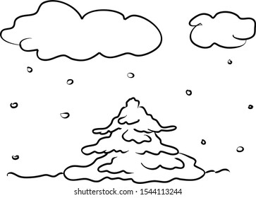 Winter background. Isolated illustration. Christmas greeting card. Fir tree and snow. Drawing black