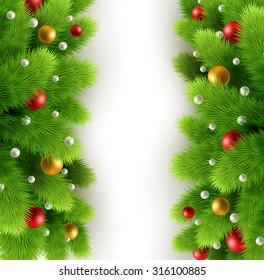Winter background with isolated pine branch and baubles. Christmas  tree decoration. Vector illustration