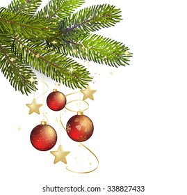 Winter background with isolated pine branch and baubles. Christmas  tree decoration. Vector illustration.
