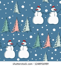 Winter background with jolly snowman. Seamless vector pattern with snow, trees and snowman.