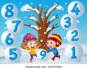 Winter background with kids and numbers illustration