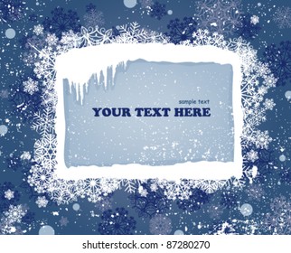 Winter background with label , icicles and snowflakes