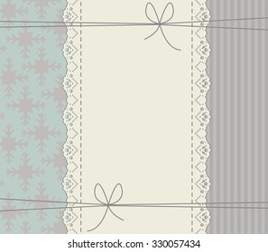 Winter background with lace frame,bows, lines and snowflakes for your creative designs.Stylish cover with snowflakes.  Happy New Year Greeting card with lace border. 