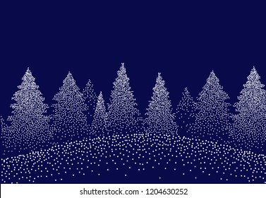 Winter Background Landscape With Fir Trees And Pines In Snow. Coniferous Forest, Night, Sky, Stars. Christmas Decoration. Vector Illustration