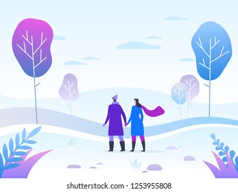 Winter background landscape illustration with couple exploring winter forest. Greeting card design template. Vector illustration in flat linear style 