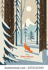 Winter background, landscape. New year and Christmas greeting card. With text