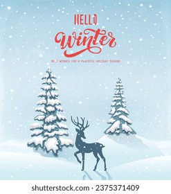 Winter background, landscape. New year and Christmas greeting card. With text