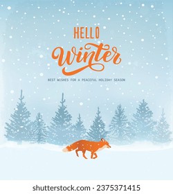Winter background, landscape. New year and Christmas greeting card. With text