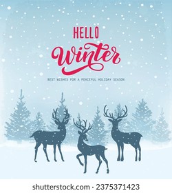 Winter background, landscape. New year and Christmas greeting card. With text