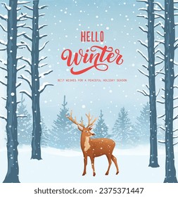 Winter background, landscape. New year and Christmas greeting card. With text