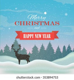 Winter background, landscape. New year and Christmas greeting card. Vector illustration.