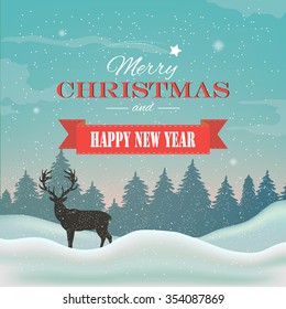 Winter background, landscape. New year and Christmas greeting card. Vector illustration.