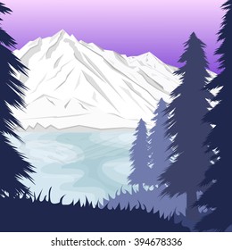 Winter background of landscape with river, forest and mountains.  Flat style.