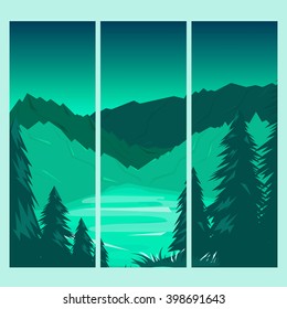 Winter background of landscape with river, forest and mountains. Flat style.
