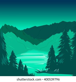 Winter background of landscape with river, forest and mountains. Flat style.