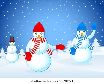 Winter background landscape with snow mans. Vector illustration.