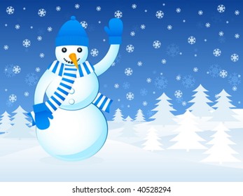 Winter background landscape with snowman. Vector illustration.
