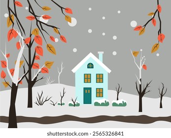 winter background with leaves and simple house illustration