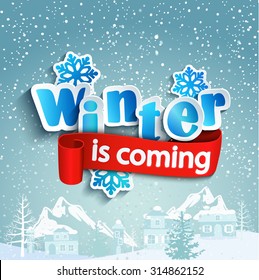 Winter background with lettering and ribbon, against the snow-covered village, vector.