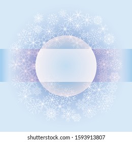 Winter background in light blue color with white shiny snowflakes with ribbon and christmas ball in classic style and place for message - ideally for card, sign board, poster, banner or flyer