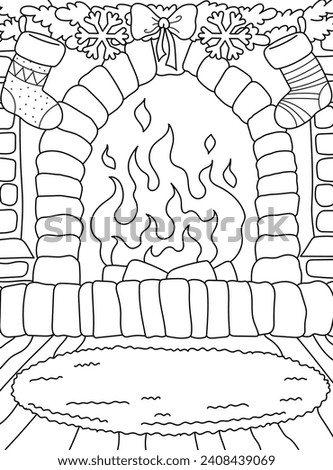 Winter background, living room with fireplace, Christmas socks, Christmas. Background, coloring page. Black and white vector illustration.