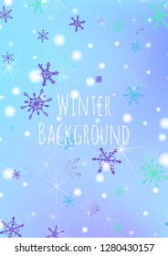 Winter Background with Lovely Snowflakes and Shiny Lights. Festive Background for Christmas Decoration, Print, Dress. Vertical A4 Vector Background.