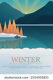 Winter background with majestic mountains, beautiful snow, trees, small islands and a calm lake under a clear sky. Ideal for seasonal, holiday or nature themed designs.