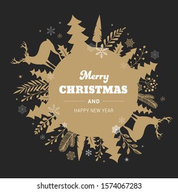 Winter background, Merry Christmas abstract landscape in circle composition. Vector design and illustration