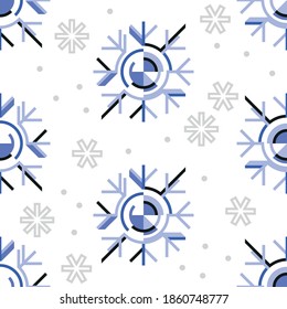 Winter background in minimal geometric design with blue snowflakes on white background.
