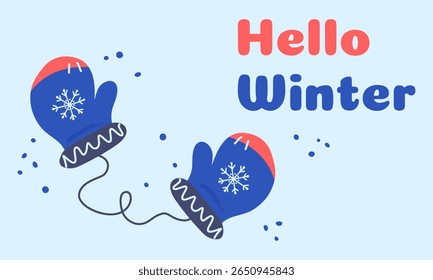 Winter background with mittens and an inscription, letters, hand-drawn doodle, a warm cozy accessory on the hands, an element of clothing that protects from the cold and snow, a New Year's seasonal 