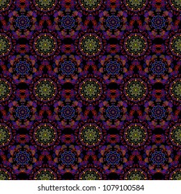 Winter background. Winter mood background. Abstract snowstorm with red, yellow and violet snowflakes. Winter weather. Seamless pattern with snowflakes.