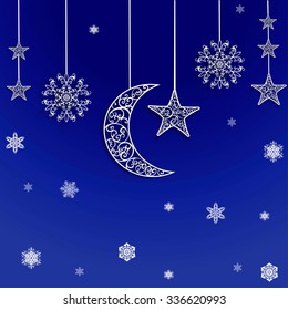 Winter background with moon, star, snowlakes on dark blue
