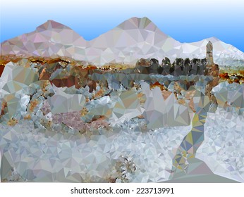 Winter background with mountain landscape and castle