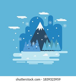 Winter background mountain and snowfall modern flat design