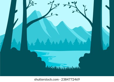 winter background with mountain trees and lake