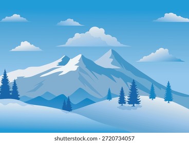 Fondo de invierno, montañas cubiertas de nieve blanca, Clima frío prolongado, Ilustración vectorial con fines de diseño, creación de fondos y portadas de informes.