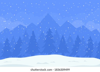 Winter background with mountains and fir trees in snow. Christmas and New Year vector illustration.
