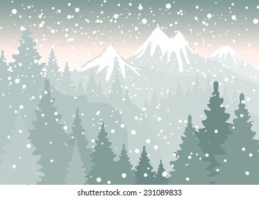 winter background with mountains and pine trees