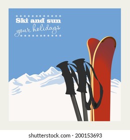 Winter background. Mountains and ski equipment in the snow